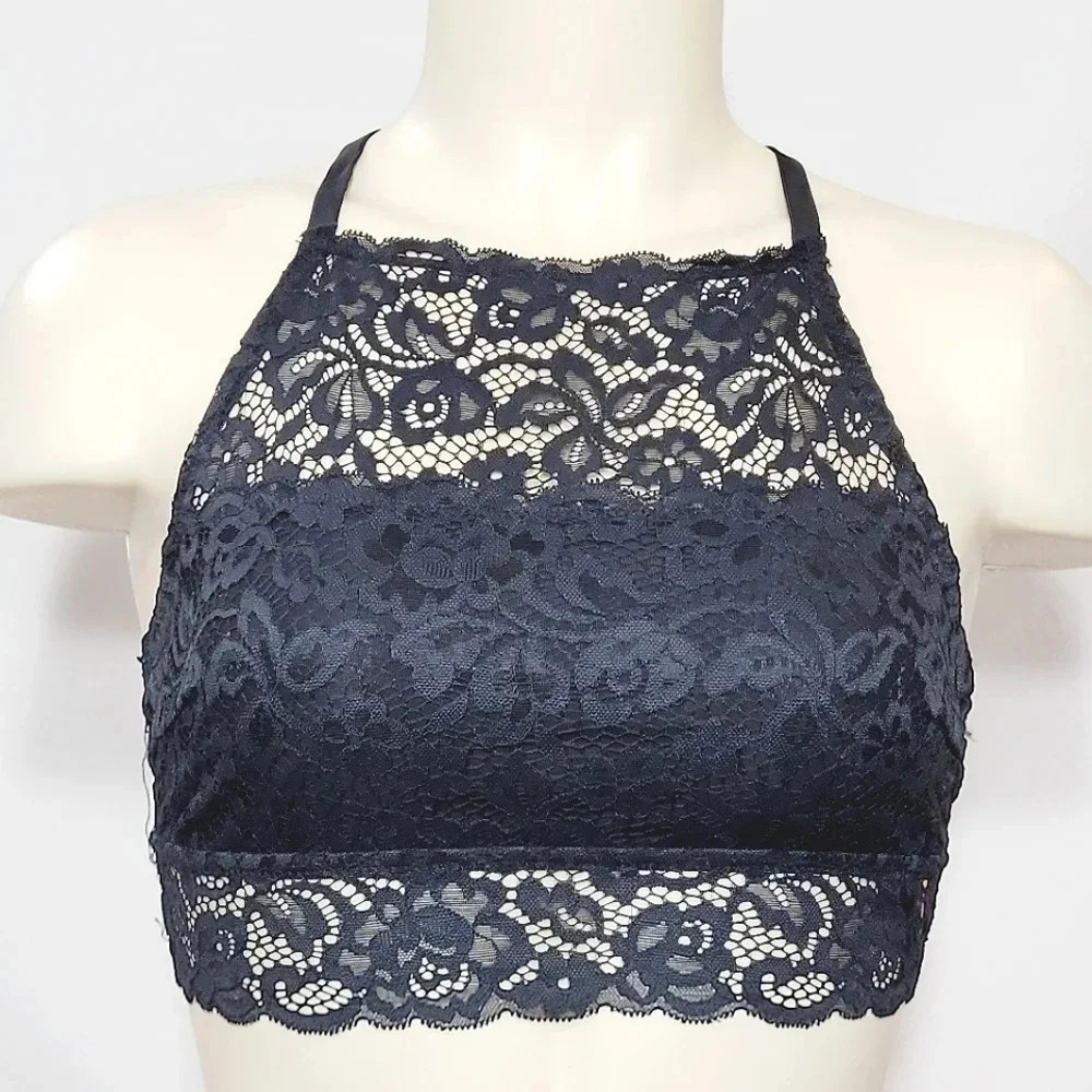 SMALL Xhilaration Wire Free High Neck T-Back Lace Bra Bralette Black New with T